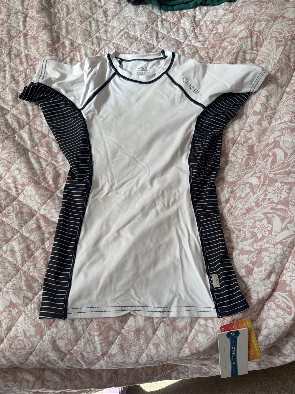 O'Neill White Rash Guard with Black Striped Panels